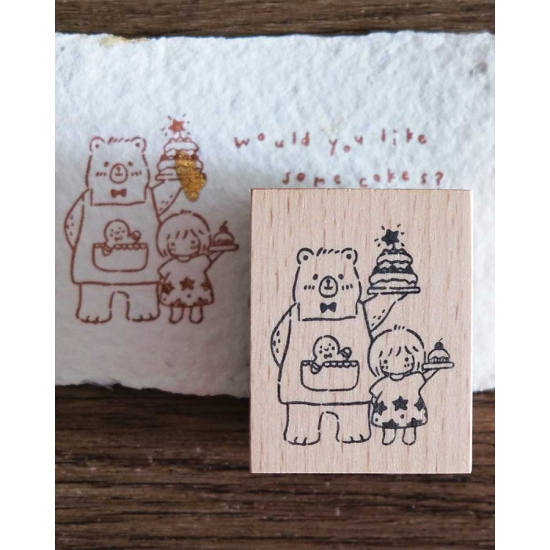Sello de madera Bear & Girl Serving Cakes [Sweet Christmas Collection] | Eileen Tai