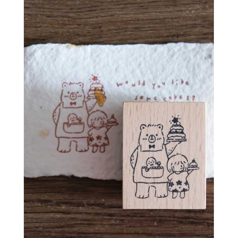 Sello de madera Bear & Girl Serving Cakes [Sweet Christmas Collection] | Eileen Tai