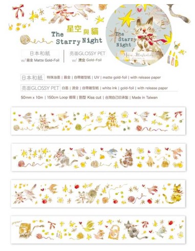 Loop Pet tape The Starry Night con Foil Dorado (Ilustraciones Pre-cortadas) | Meow Illustration
